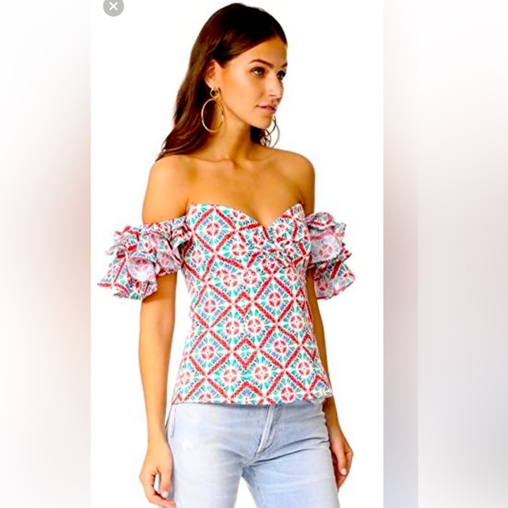 CAROLINE CONSTAS Louisa Ruffle Off Shoulder Blue & White Blouse Top Exc Cond
